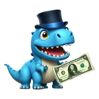 happy blue dinosaur with money and a top hat sticker