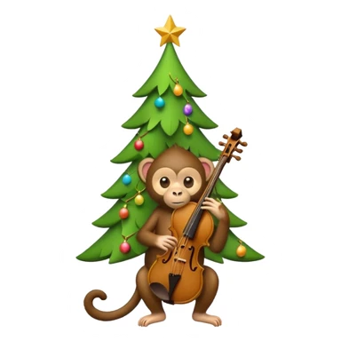 A cute, minimal emoji-style Christmas tree with a bright green triangular shape decorated and a small playful monkey with a violin sticker