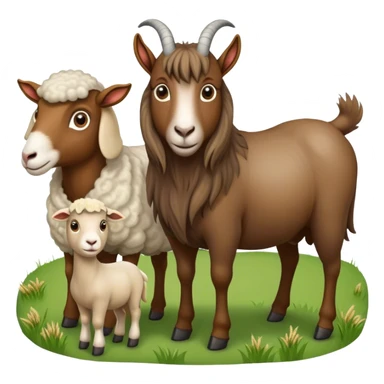 Icon for Domestic Hooved Animals: A gentle collage featuring a brown goat with large, curious eyes, a calm sheep with soft wool, and a majestic horse with a flowing mane. Background with a green pasture and a few hay bales. Transparent background. sticker