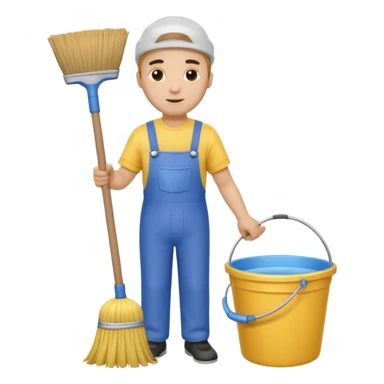 ligth man in cleaning clothes, holding a broom and a bucket sticker