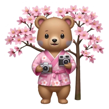 A cute light-brown bear wearing a pastel pink sakura-patterned kimono, normal balanced body ratio.  
Standing under a blooming sakura tree, holding a small camera and taking a picture with a happy smile.  
Kawaii emoji style, minimalistic clean sticker illustration, simple scenic background.
 sticker