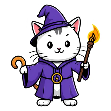 A cat wizard casting a spell with magical staff and flowing robes sticker