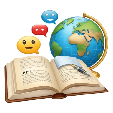 An icon featuring an open book, a speech bubble, and a pen, symbolizing philology and linguistics. The design includes a globe with language characters and grammar symbols, representing the study of languages and literature. Transparent background highlights language analysis. sticker