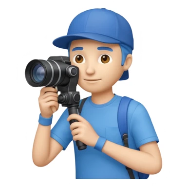 3D emoji-style icon of a photographer in side profile, wearing a blue cap backwards and a blue t-shirt, holding a professional camera with a long telephoto lens sticker