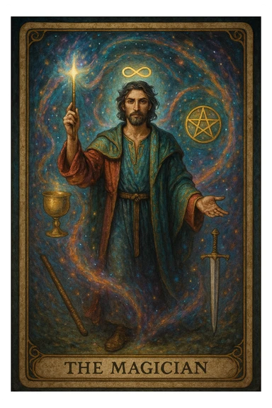 the magician tarot card, mystical, holding a wand, with symbols of the four suits (cup, pentacle, sword, wand), magical aura, vibrant colors sticker