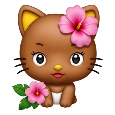 Brown skinned Hello kitty with her standard features, black round eyes, no mouth, and a yellow nose and instead of her signature red bow give her a pink hibiscus flower behind her ear sticker