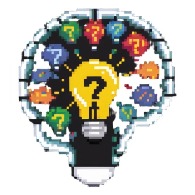 brain with question marks and lightbulb, representing inquisitive thinking sticker