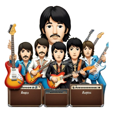 Rock music icon: dynamic collage of global rock legends like The Beatles, Jimi Hendrix, Elvis Presley, Led Zeppelin, Queen, and Nirvana, surrounded by guitars, amplifiers, and stage lights. Symbolizing the energy and power of rock music. Transparent background. sticker