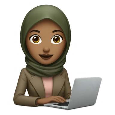 memoji of a woman with a laptop in front, apple-style,modern with dark olive green hijab,dark beige color coat, fair, rose lips, working on laptop with smile on face sticker