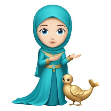 Turkish beautiful finish Konya girl blue eyes with gold hijab and islamic long tailed turquoise dress on the ground and had on her hand text Eid Mubarak  sticker