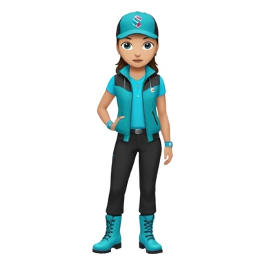 A landscaper in a beautiful turquoise jacket and turquoise boots, black pants, and a black sleeveless shirt. On his head is a black Swissotel baseball cap. The girl is a brunette with blue eyes. sticker