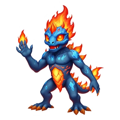 a mystical fast lava creature without arms with molten lava on its head and some rocky shoulders, fire crystals, blue flames, fire legs, no background sticker