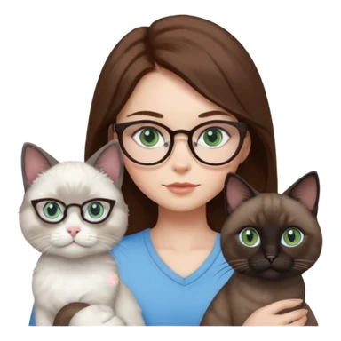 O data cu parul saten ,ochii griji-albastrii ,ochelari și codițe de pisica ..și langa o pisicuță alba pufoasa ,cu ochii verzi și o a doua pisica siameza pufoasa cu capul maro -negru și coada ,restul corpului un maro deschis spre alb  , ochii albaștrii  sticker