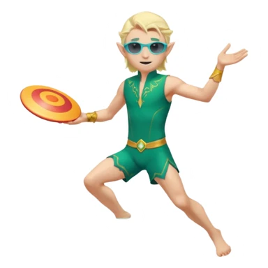 elf male legolas launching a frisbee woven from pure sunlight, wearing sporty teal swim shorts and performance sunglasses, pointy ears, centered emoji sticker
