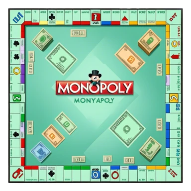 A photorealistic icon featuring a Monopoly board with property spaces, colorful game tokens, dice, and stacks of money. The design includes detailed textures of the board, cards, and tokens, capturing the essence of the Monopoly game. Transparent background, symbolizing Monopoly and board games. sticker