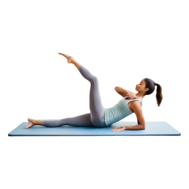 A person performing a Pilates exercise on a mat in a clean, modern studio. The focus is on core strength and flexibility, with a neutral, calming color palette. Simple equipment like a reformer machine and a soft, tranquil background enhance the feeling of controlled movement and focus. sticker