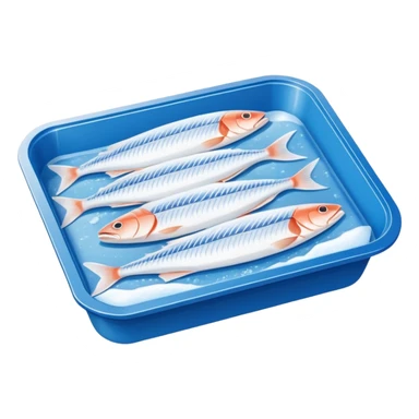 A clear vacuum-sealed plastic tray containing neatly arranged white fish fillets, covered with a thin layer of frost. The package has a blue and white label with product details and barcode. Set in a supermarket freezer shelf among other seafood packs, realistic lighting and texture. sticker