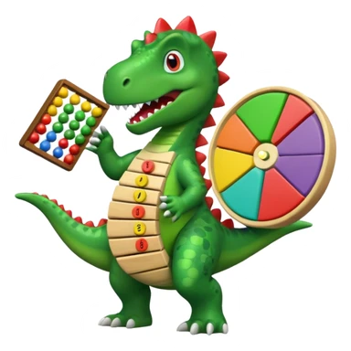 Dancing Dino holding an abacus against a pie chart sticker