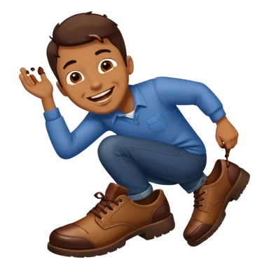 Man laughing with chocolate stain on shoe sticker
