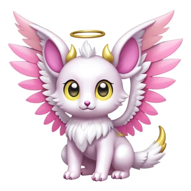 Shiny epic glittery divine white yellow pink animal-fakemon-creature with head-ear-wings, cute, adorable, big eyes sticker