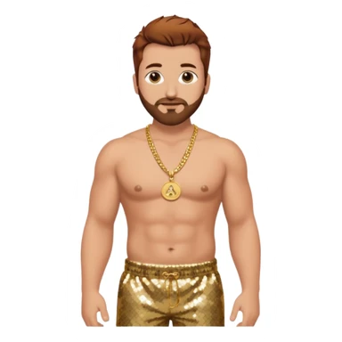 Joey Fatone with auburn hair, black sequin baggy pants, shirtless with necklace sticker