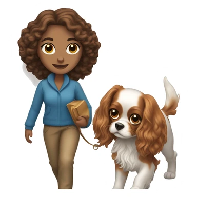 A white woman with blue eyes walks with a cavalier King Charles spaniel sticker