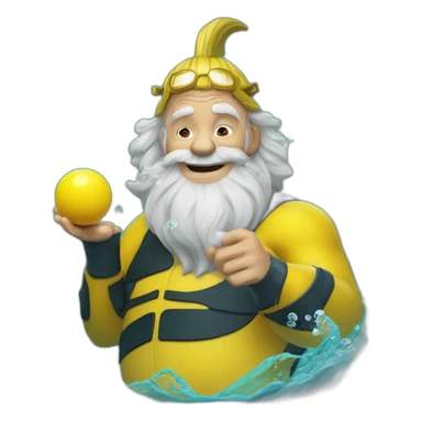 Underwater old happy man mermaid swimming, snorkel equipement, holding a small yellow ball, winning enthousiasm with kungfu pose sticker