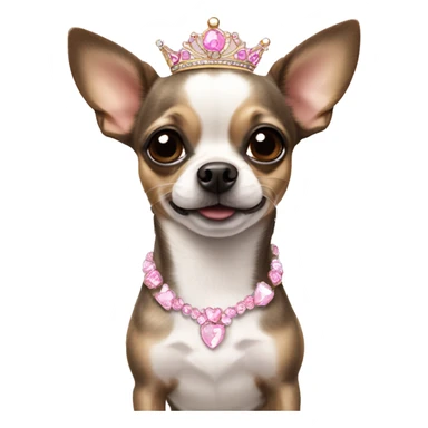 Brindle and white chihuahua wearing a pink tiara sticker