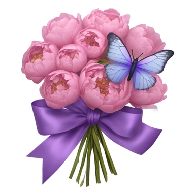 A purple silk ribbon tied around a bouquet of dried pink peonies , with a delicate pastel violet butterfly perched gently on the bow. sticker