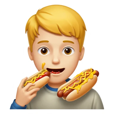 A boy taking a huge bite of a hot dog loaded with mustard and relish.





















 sticker