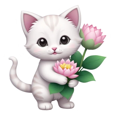 Kitten standing with folded hands holding a bouquet of lotus flowers sticker