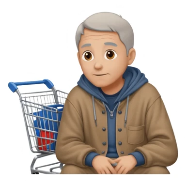 A man in oversized old clothes sat next to a shopping cart half body, looking around with gentle, hopeful eyes. sticker