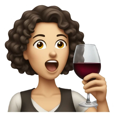 White Woman with curly dark brown hair drinking wine shouting sticker