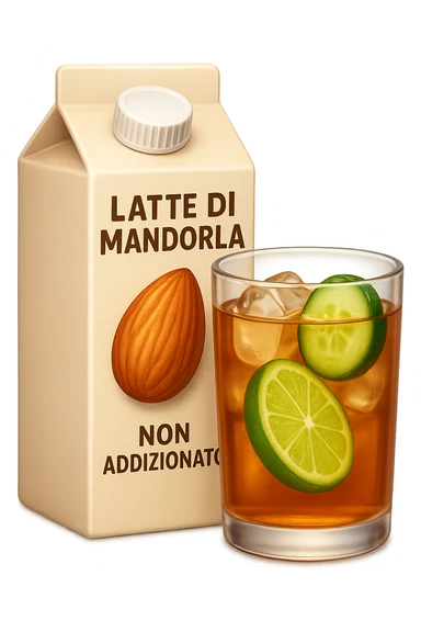 emoji stile iphone di un pacco di latte di mandorla non addizionato accanto ad un bicchiere di vetro di tè freddo con fettine di cetriolo e lime
IPERREALISTICO 4K sticker