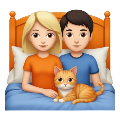 Girl with dark hair and a boy with blonde in a bed with an orange cat sticker
