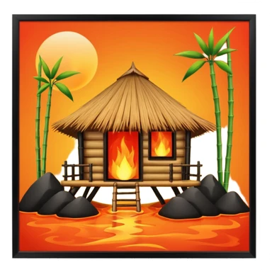 bamboo hut front of the volcano lava flowing sticker