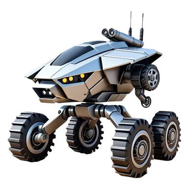 Futuristic jumping 8-wheel armored canine sporty self-balancing massive mech trail assault vehicle motor-in-wheel side-hill leaning actively robotically articulating hydraulic independent suspended pod gimbal defender mech off-road racing rover with large fast engine basher crawler megatron  sticker