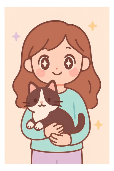 a person with brown long hair holding a black and white cat, cute cartoon style sticker