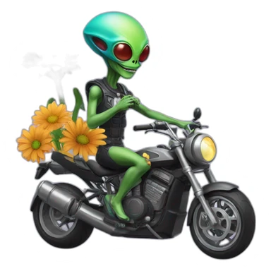 An alien from Jupiter wearing a flower necklace and riding a super bike sticker
