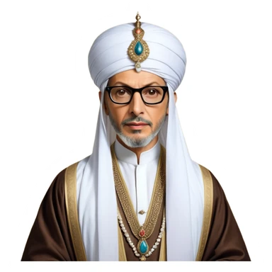 Jeff Goldblum no glasses as a regal portrait dressed as suleiman-the-magnificent,-depicted-as-a-regal-ottoman-sultan-adorned-with-a-large,-white,-round,-tall-turban-and-a-majestic-grey-beard,-his-commanding-gaze-bathed-in-warm,-historic-lighting-that-exudes-time with a large beard **no glasses* sticker