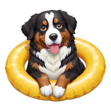 Bernese Mountain Dog with a bow swims with an inflatable ring sticker