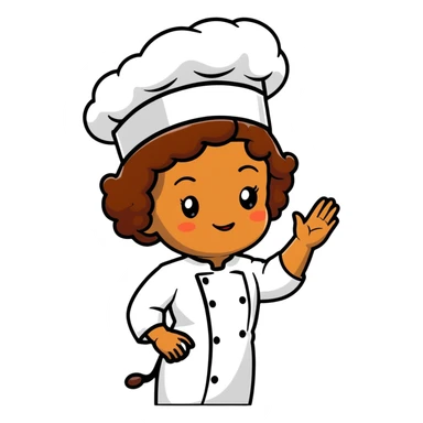 Light brown skinned mixed-race female chef with medium-length curly brown hair, wearing a chef's hat (toque), with both an angel halo and devil horns on her head sticker