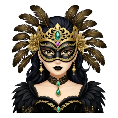 (the person is transformed into a masquerade gothic queen:1.5), black velvet gown with gold lace details, ornate mask with feathers and gem studs
 sticker