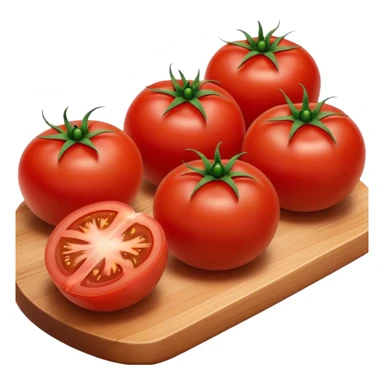 Cinematic juicy ripe tomatoe, deep red, slightly dewy, arranged on a wooden cutting board, soft glowing background, rich and flavorful. sticker
