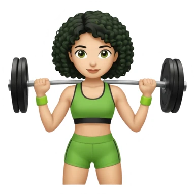 woman with olive skin and curly black hair wearing a green workout outfit (shorts) and lifting weights sticker