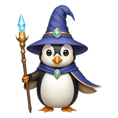 penguin wizard, magical staff, wearing a pointed hat, fantasy sticker