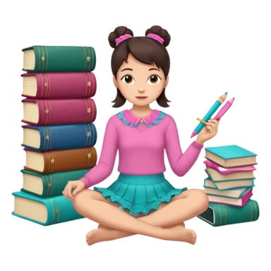 A brunette woman with straight, dark brown hair styled in two buns wears a pink long-sleeved shirt and a turquoise lace ruffled skirt. She is barefoot and holds a crayon in one hand. She sits cross-legged on the floor, which is covered with stacks of colorful notebooks. Art Deco style illustration. sticker