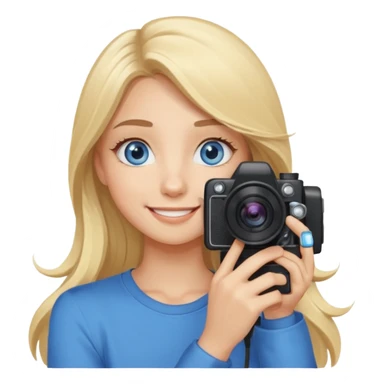  blue eyes blonde girl photographer cartoon taking picture in middle of taking picture camera in front of face long hair smiling funny flash professional, camera in front of face sticker