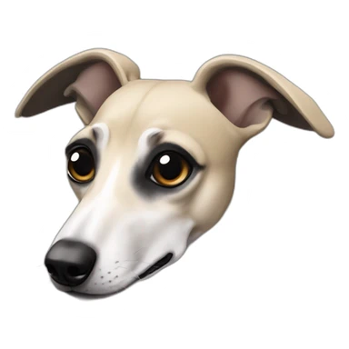 a beige whippet with a dark snout, black and white mouth patchy and black angel wing like eyes sticker