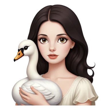 Girl who looks like Lana del Rey with dark hair, dark brown cat eyes, pale skin, with a Roman nose, holding a swan sticker